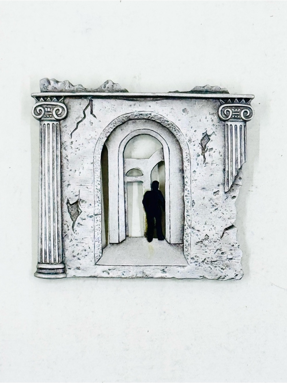 JJ Jonette 1988 Silver Tone Shadow Man/Architectural Ruins Surrealist Brooch